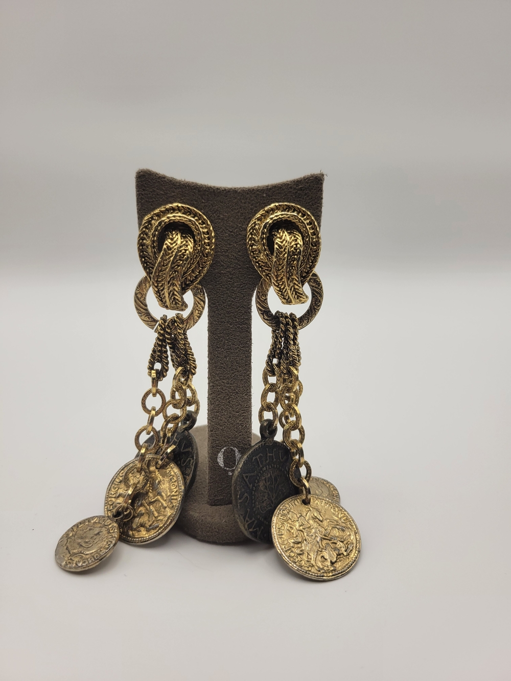 Vintage Gold-Tone Coin Drop Statement Clip On Earrings